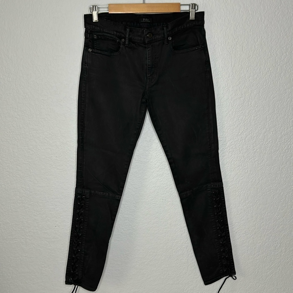 Ralph Lauren Black Label Skinny Wax Denim Jeans with Lace-up Detail Black 28